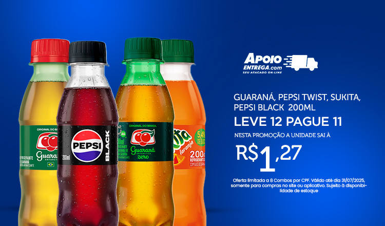 Guaraná, Sukita, Pepsi Black  200ml Leve 12 Pague 11 ate 31/07